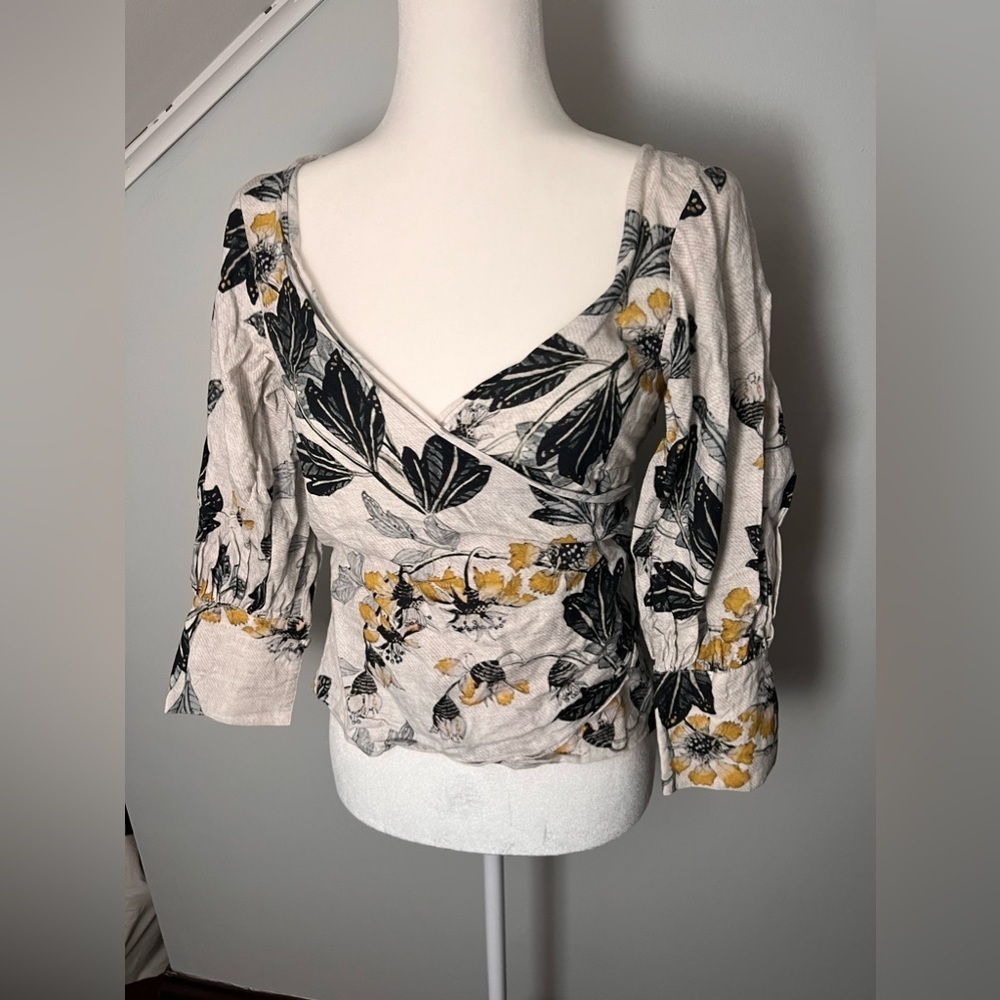 Once Was Australian Brand Cream White Yellow Blue Wrap Top Linen